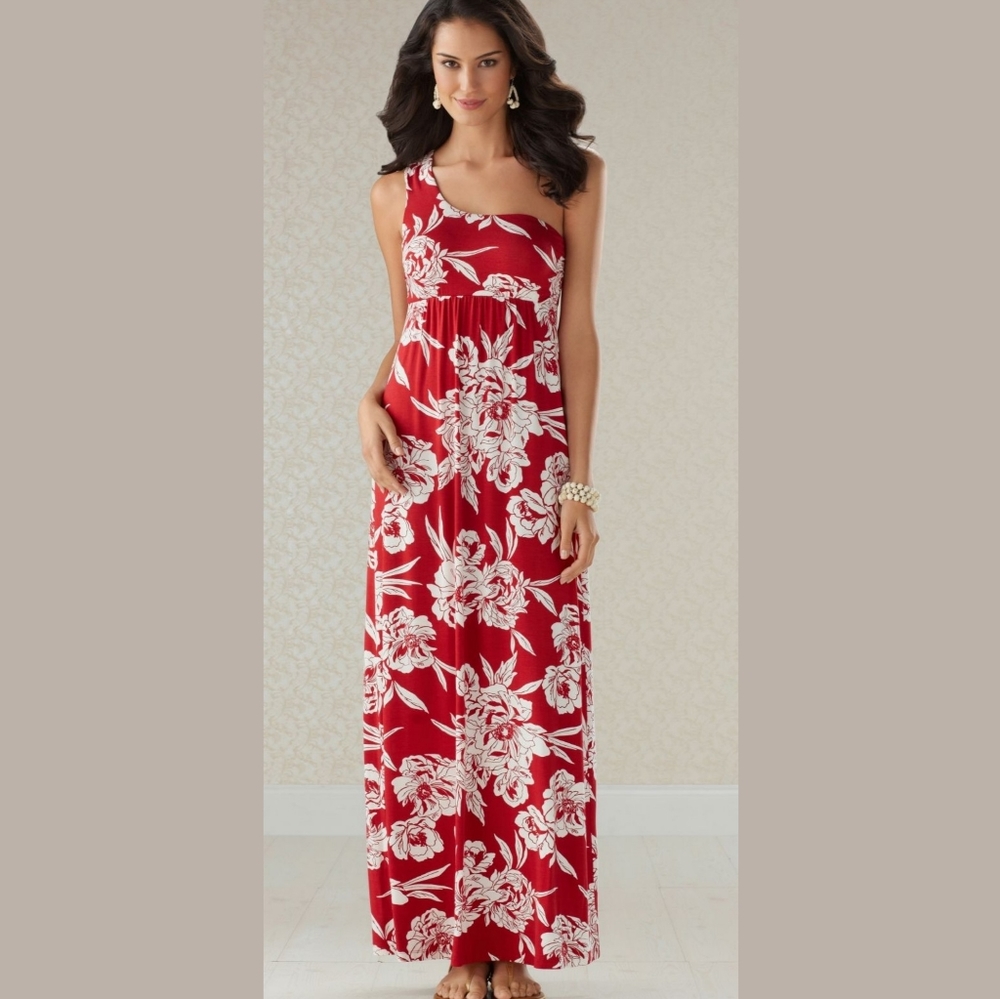 Red white floral maxi dress